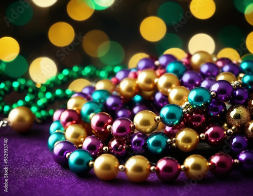 Celebrate Mardi Gras with vibrant colorful beads and a festive bokeh background, capturing the lively spirit of the celebration during this annual New Orleans event. Generative AI