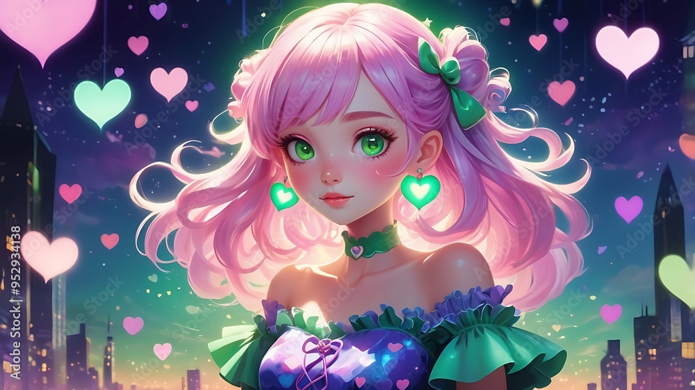 Pinkhaired anime girl with green eyes in purple dress surrounded by hearts. Perfect for lovethemed designs, Valentines Day, or romantic concepts.
Pinkhaired anime girl with green eyes in purple dress surrounded by hearts. Perfect for lovethemed designs, Valentines Day, or romantic concepts.