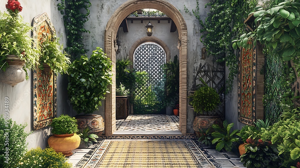 Fototapeta premium Ornate Archway Leading to a Lush Courtyard