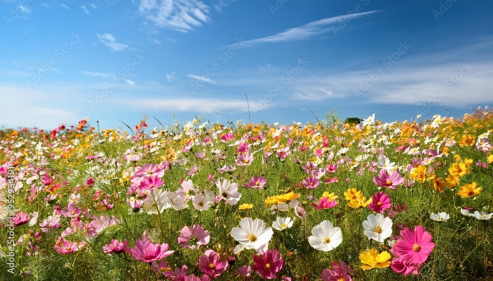 vibrant pastel wildflower field against blue sky on mid autumn day pink white yellow blooms enhancing tranquil mood vibrant pastel wildflower field against blue sky on mid autumn day pink white yellow blooms enhancing tranquil mood
