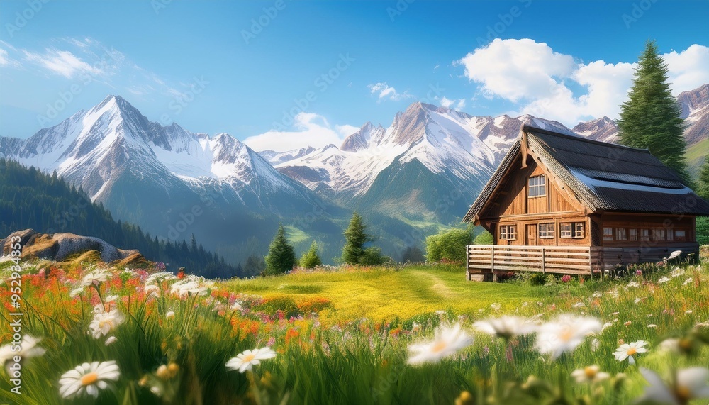 Fototapeta premium anime background of wooden cottage nestled in a lush meadow of wildflowers against the backdrop of snow capped mountains