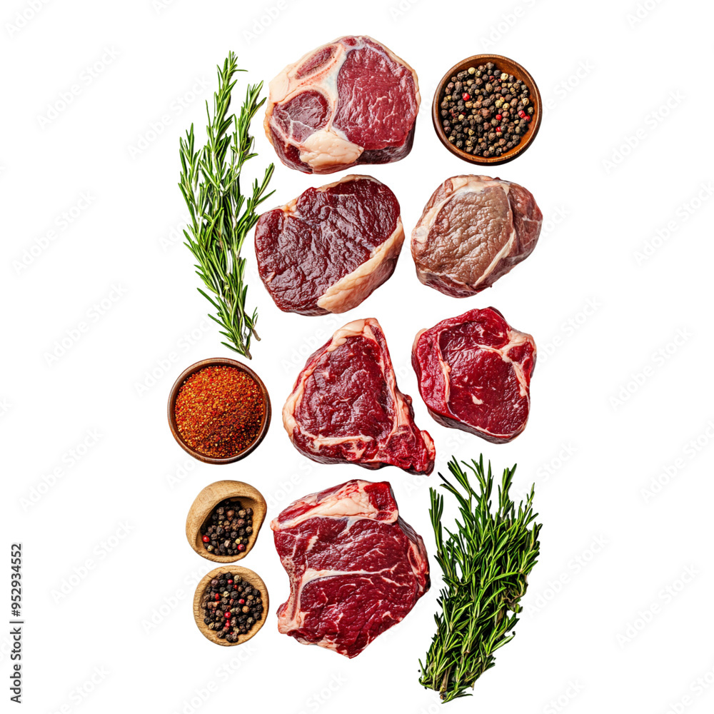 Various beef steak with spices isolated on a white background, png transparent Various beef steak with spices isolated on a white background, png transparent