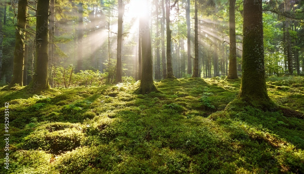 Fototapeta premium beautiful forest with moss covered soil and sunbeams through the trees