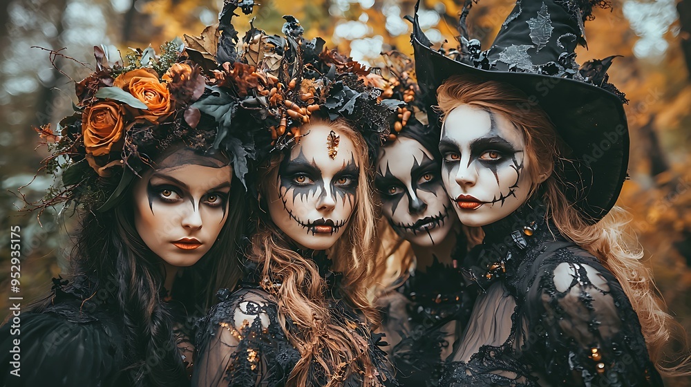 Obraz premium A Halloween witch in spooky makeup, lost in a dark and mystical forest.