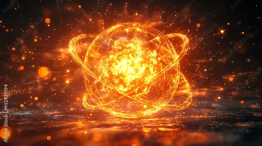 Obraz premium A glowing fire orb bursting with sparks and swirling smoke, radiating power.