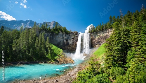 breathtaking turquoise waterfall cascades down rugged mountain cliffside amidst lush green forest serene river and radiant blue sky backdrop