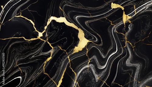 abstract black marble background with golden veins japanese kintsugi technique fake painted artificial stone texture marbled surface digital marbling illustration