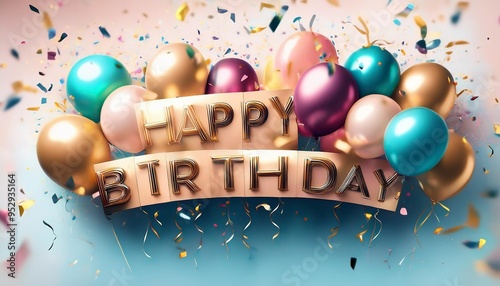 horizontal illustration happy birthday celebrated with balloons and confetti