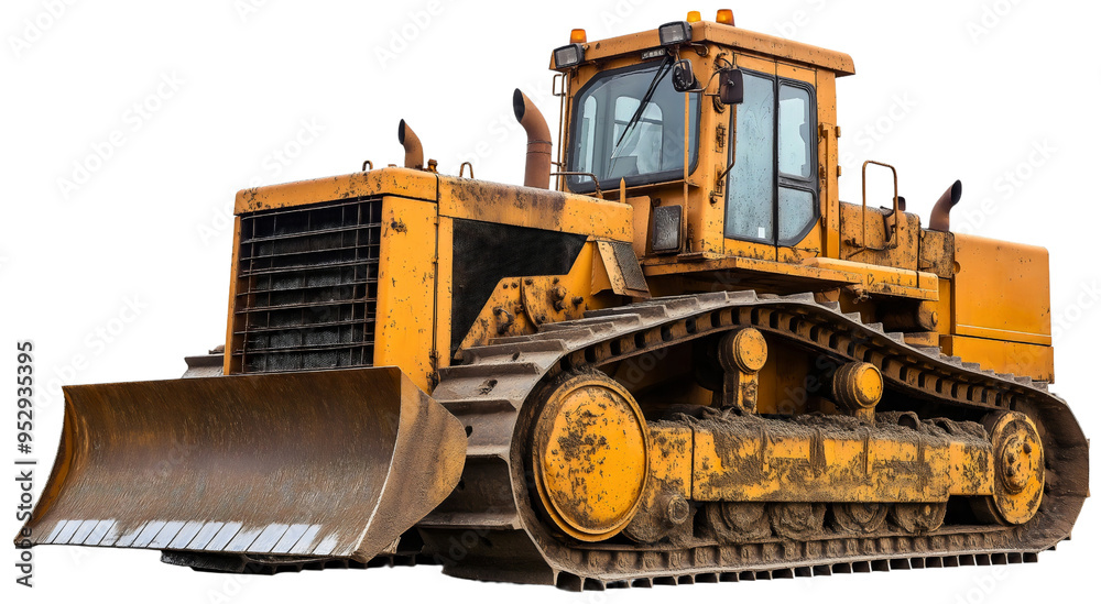Yellow bulldozer isolated on transparent background. Heavy loader vehicle with hydraulic shovel bucket for work on industrial construction site. Scoop equipment on digger machine, earthmover, power Yellow bulldozer isolated on transparent background. Heavy loader vehicle with hydraulic shovel bucket for work on industrial construction site. Scoop equipment on digger machine, earthmover, power
