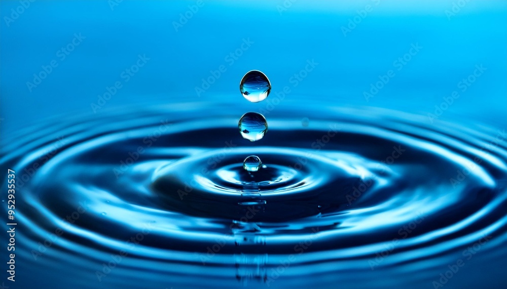 water droplets plunge into a striking blue liquid producing ripples that emphasize the dynamic interaction between the two water droplets plunge into a striking blue liquid producing ripples that emphasize the dynamic interaction between the two
