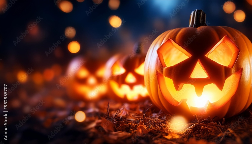 glowing jack o lanterns abstract halloween night digital flicker ultra hd with copy space selective focus on foreground glowing jack o lanterns abstract halloween night digital flicker ultra hd with copy space selective focus on foreground