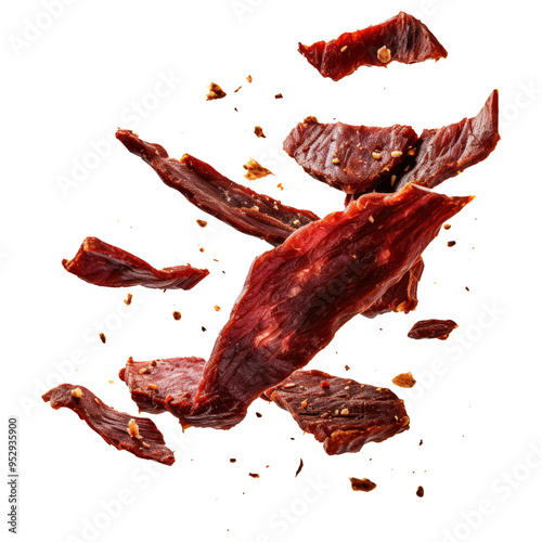 flaying beef jerky isolated on transparent white background, clipping path
