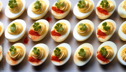 two rows of deviled eggs with paprika and garnish