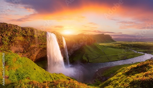 fantasy landscape with waterfall at sunset panorama