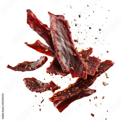 flaying beef jerky isolated on transparent white background, clipping path