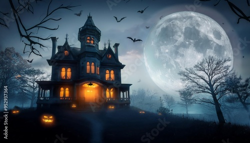 haunted halloween background with spooky mansion and ghostly lights