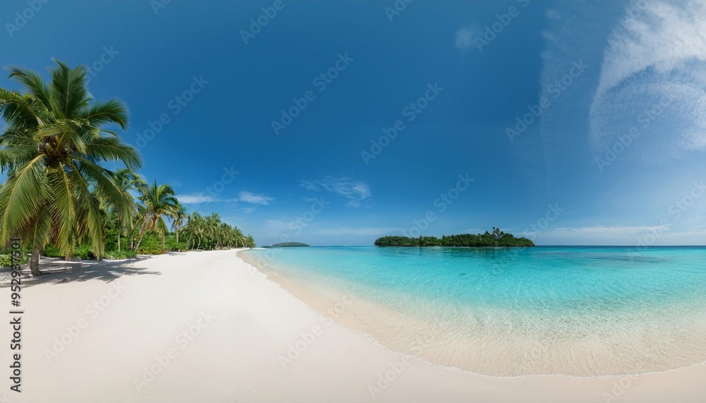 Naklejka premium panorama of idyllic tropical beach with palm trees white sand and turquoise blue water
