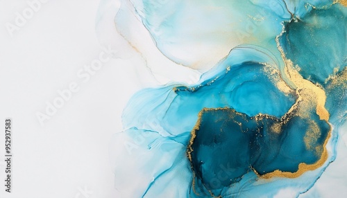 art photography of abstract fluid art painting with alcohol ink blue turquoise and gold colors