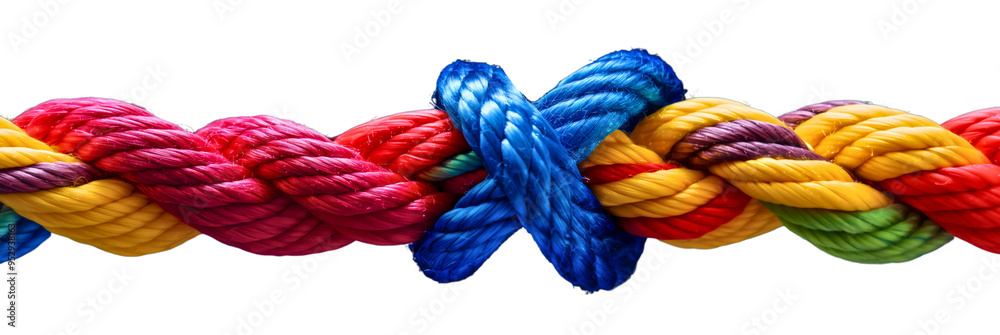 Unity Rope Bonding Together Colorful rope tied isolated on transparent background. Knot strength in ...