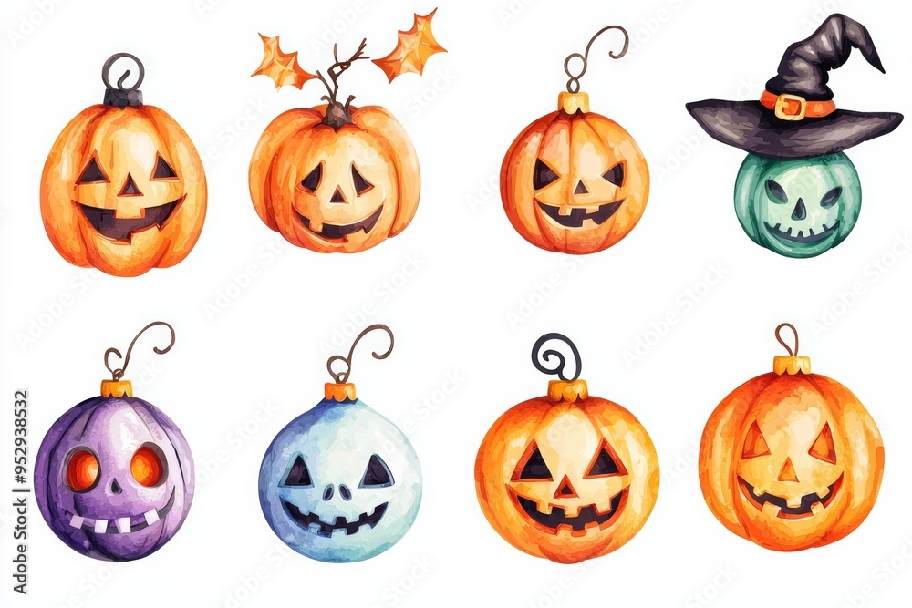 Halloween-inspired Christmas ornaments in cute cartoon style with colorful lights, isolated on white background, combining spooky and cheerful elements