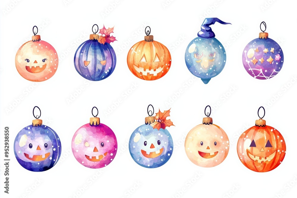 Isolated cute cartoon-style Halloween and Christmas ornaments with bright lights, featuring adorable and holiday-inspired designs Isolated cute cartoon-style Halloween and Christmas ornaments with bright lights, featuring adorable and holiday-inspired designs