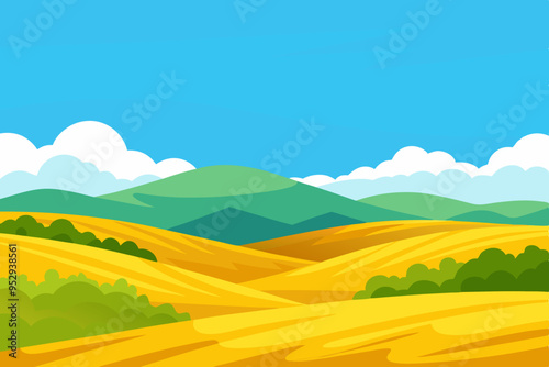 Stunning Rolling Hills with Golden Fields and Bright Blue Sky Scenic Landscape