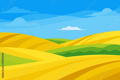 Stunning Rolling Hills with Golden Fields and Bright Blue Sky Scenic Landscape