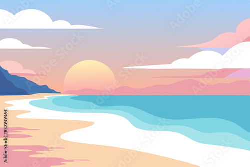 Serene Beach Sunrise Captivating Soft Pastel Colors and Tranquil Coastal Beauty photo