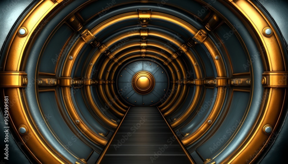Fototapeta premium A Circular Tunnel with Gold Accents and a Metallic Doorway