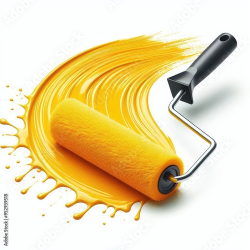 Yellow paint stroke with paint roller brush tool isolated on white background