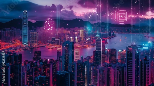 Wallpaper Mural Futuristic Cityscape with Neon Lights and Digital Overlay Torontodigital.ca