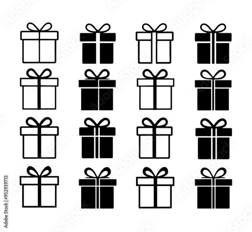 Christmas gift boxes as Christmas gifts, rounded, black and white symbol icon, in row as flat-style symbols, silhouette, outline, isolated