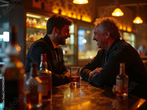 Two men chatting and laughing in a bar