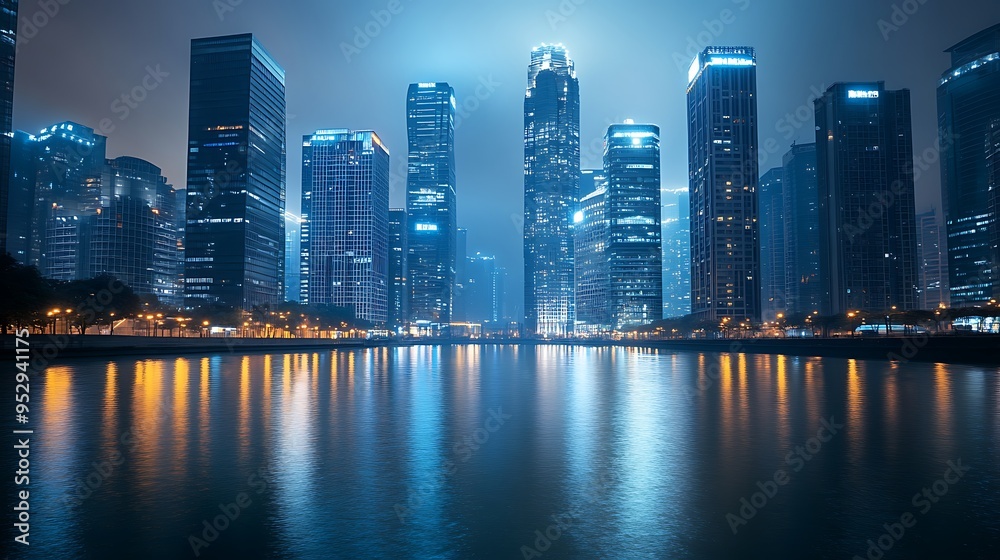 Fototapeta premium Cityscape of Modern Skyscrapers Reflected in a Calm Water Body at Night