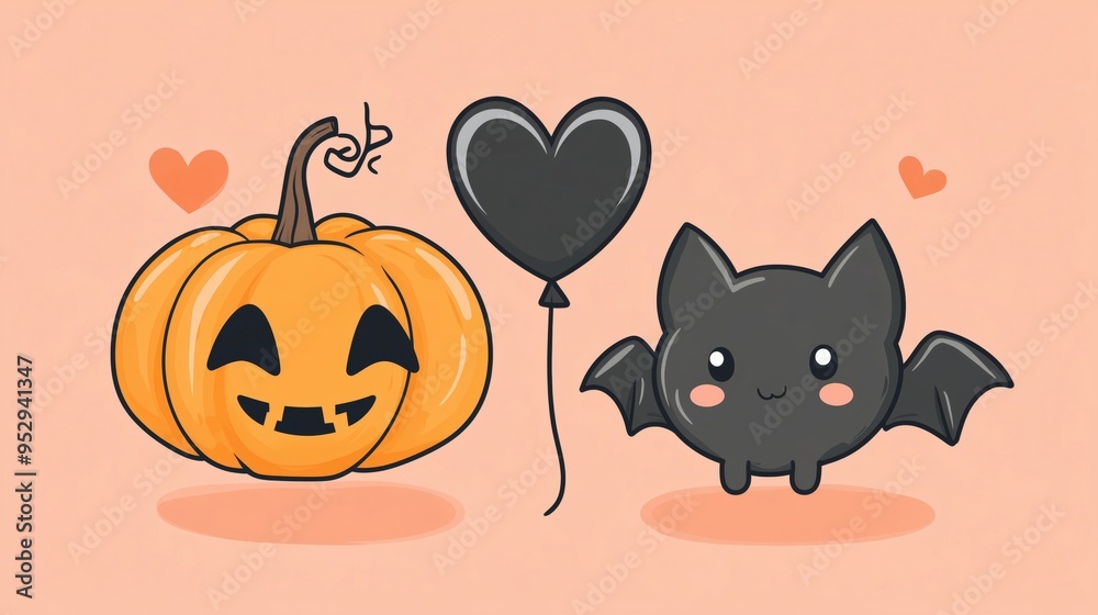 Charming Halloween Illustration Featuring Pumpkin and Cute Bat Charming Halloween Illustration Featuring Pumpkin and Cute Bat