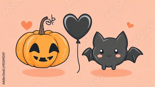 Charming Halloween Illustration Featuring Pumpkin and Cute Bat