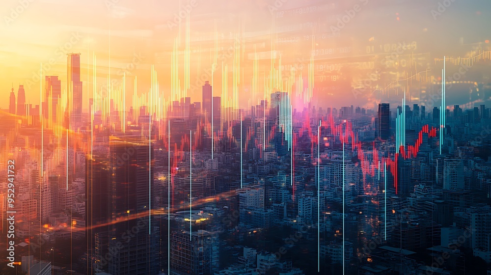 Cityscape with Overlayed Financial Charts and Data Cityscape with Overlayed Financial Charts and Data