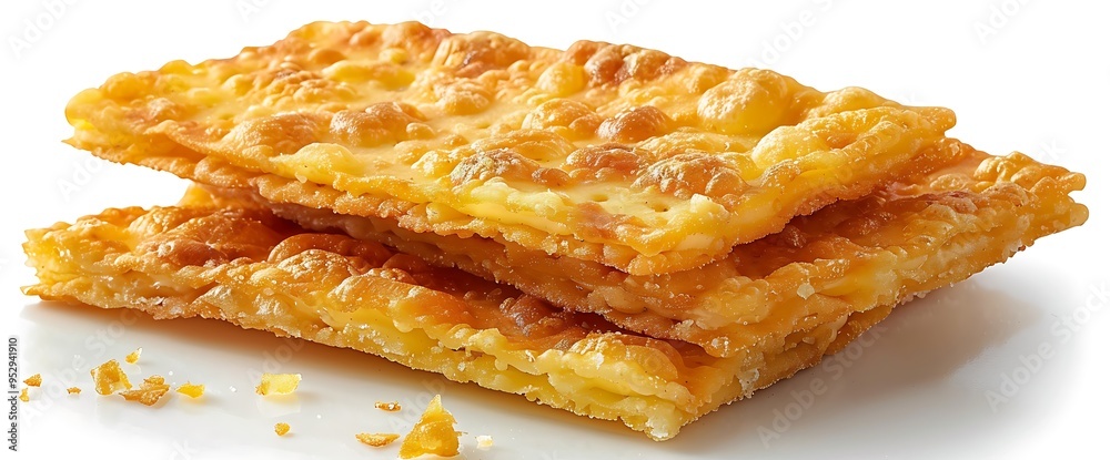 Crispy golden crackers stacked on a white background. Crispy golden crackers stacked on a white background.