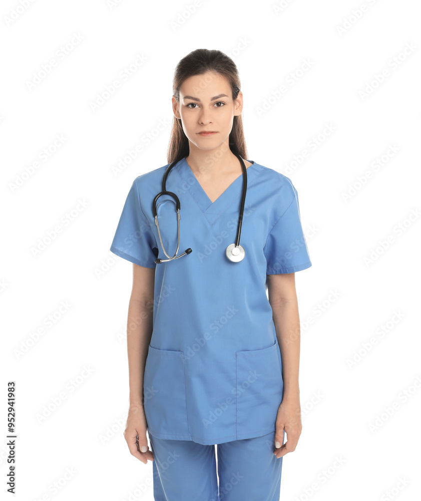 Portrait of beautiful nurse with stethoscope on white background Portrait of beautiful nurse with stethoscope on white background