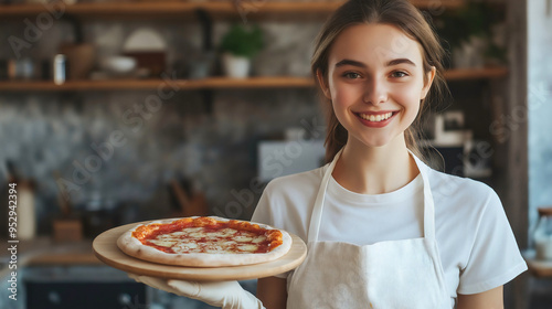 Young housewife cooking pizza in the kitchen, homemade dinner recipe with fresh dough, happy and smiling woman preparing a delicious and healthy meal at home