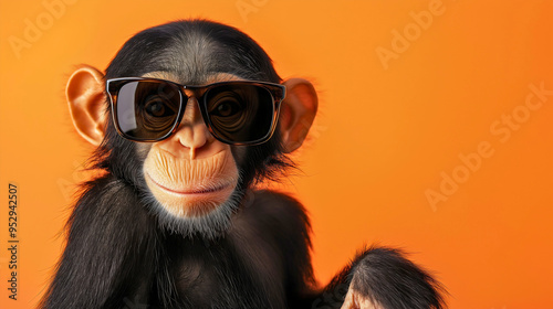 Closeup front view face head portrait of funny and cool monkey animal wearing sunglasses, looking at camera. Chimpanzee ape urban fashion style, yellow studio background, copy space