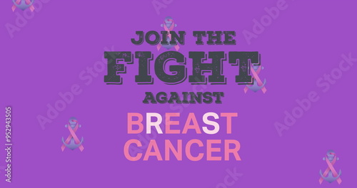 Image of breast cancer awareness text over pink breast cancer ribbons