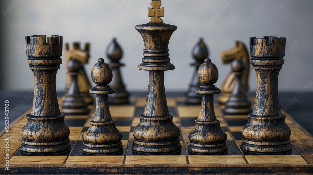 Strategic Project Planning Illustrated as a Chessboard with Risk and Strategy Pieces Strategic Project Planning Illustrated as a Chessboard with Risk and Strategy Pieces