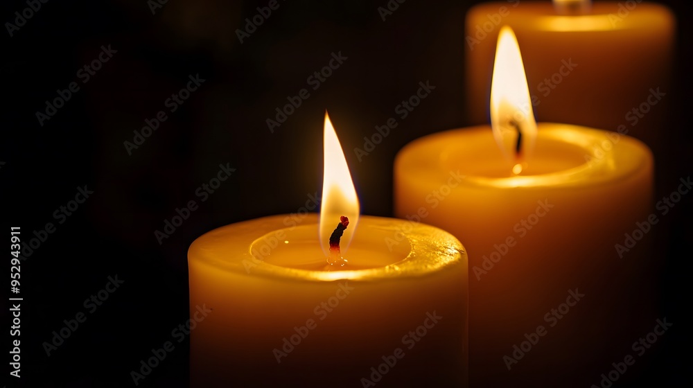 Lit candles casting gentle light, set against a black background with room for text Lit candles casting gentle light, set against a black background with room for text