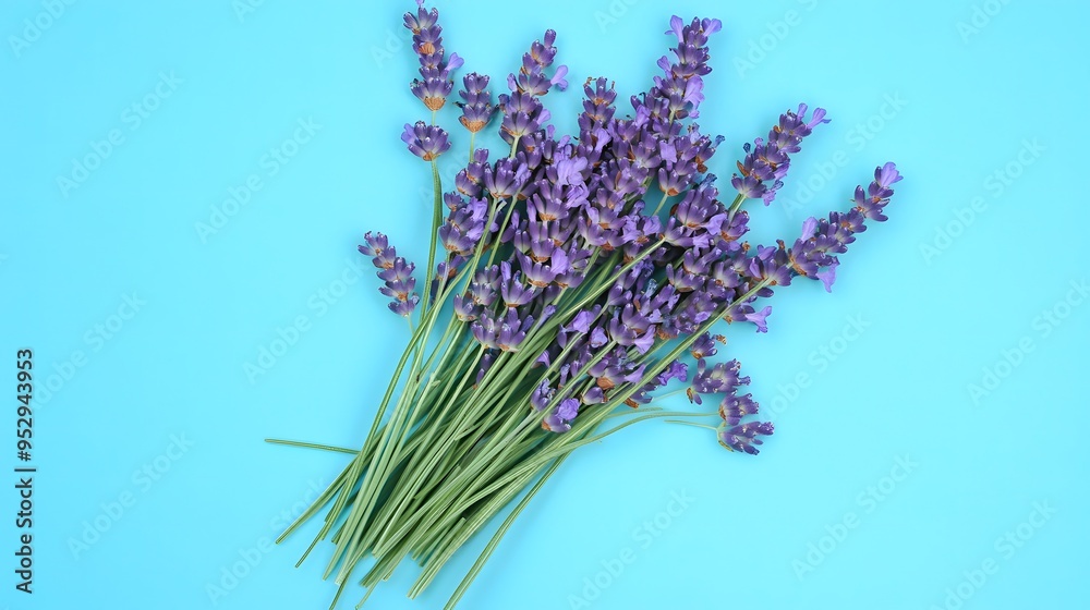 Obraz premium Aromatherapy lavender bouquet with vibrant purple flowers, isolated on a serene blue background