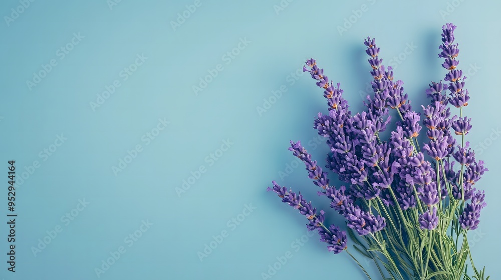 Fototapeta premium Elegant purple lavender flowers arranged in a bouquet, set against a calming blue background