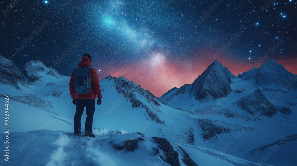 night scene with stars, snowy mountains, aurora borealis, explorer. lone explorer gazing at aurora borealis beneath a starry sky, snowy mountains in the background, and crisp night air. night scene with stars, snowy mountains, aurora borealis, explorer. lone explorer gazing at aurora borealis beneath a starry sky, snowy mountains in the background, and crisp night air.