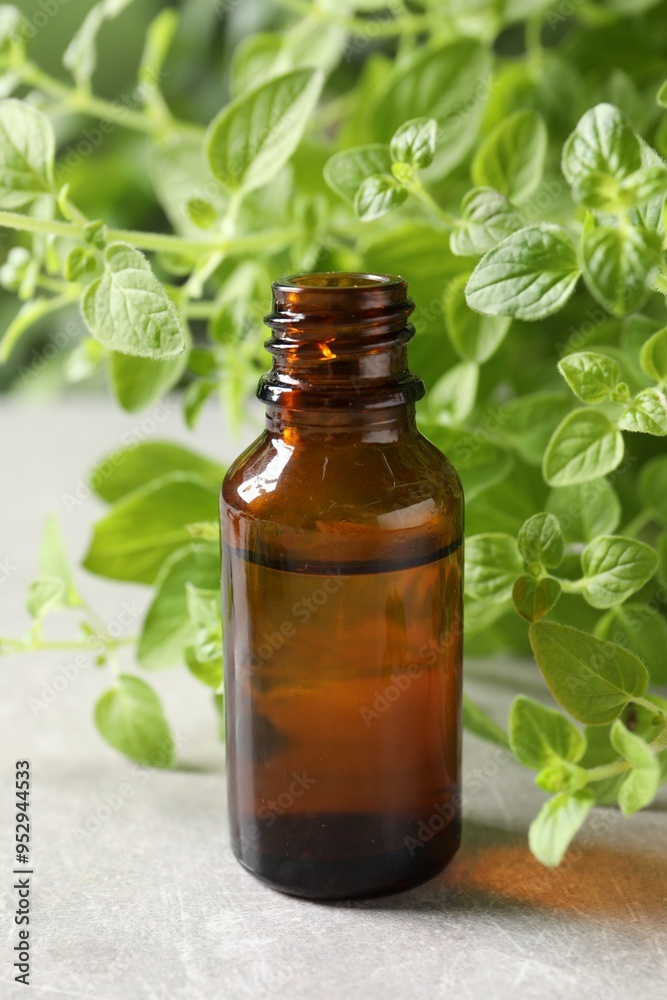 Essential oil in bottle and oregano twigs on light grey textured table, closeup Essential oil in bottle and oregano twigs on light grey textured table, closeup