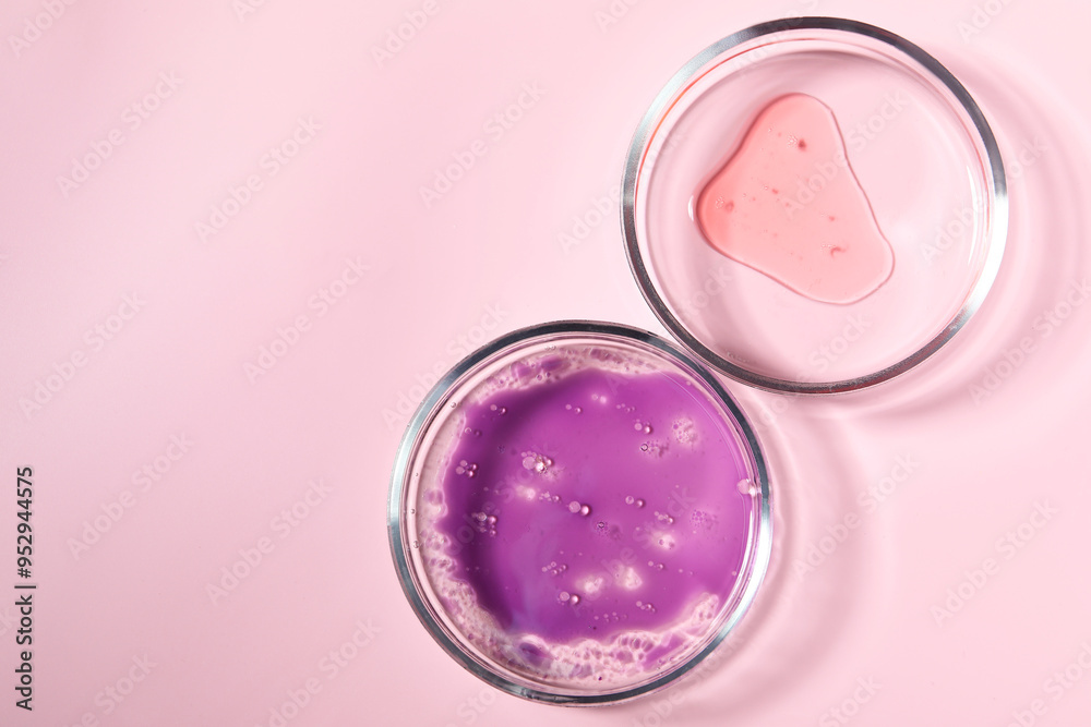 Petri dishes with samples on pink background, top view. Space for text Petri dishes with samples on pink background, top view. Space for text