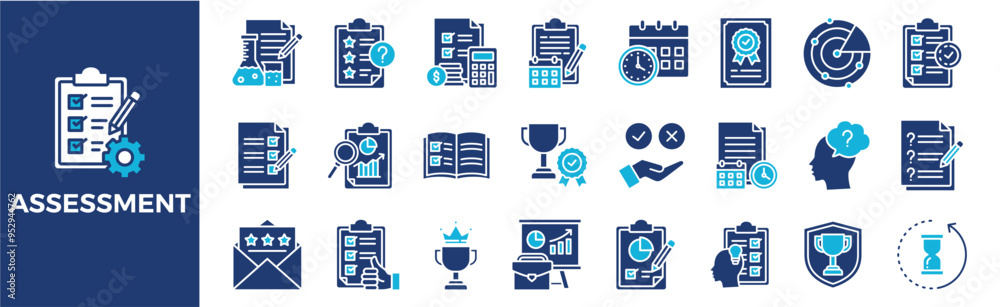 Assessment icon collection set. Containing design, evaluation, business, service, concept, analysis, survey, feedback, and more. Solid vector icons collection. Assessment icon collection set. Containing design, evaluation, business, service, concept, analysis, survey, feedback, and more. Solid vector icons collection.